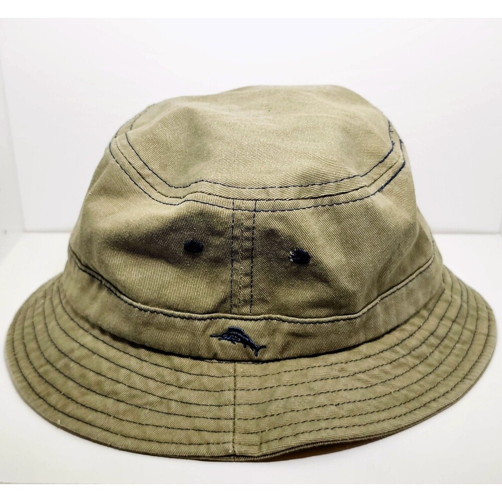 Tommy Bahama Size M/L Mens Bucket Hat Khaki Olive Green Embroidered Blue Marlin